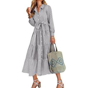 Caracilia Women Long Sleeve Maxi Dress 2026 Spring Casual Button Down Striped Plaid Tie Waist Shirt Dresses Vacation Outfits(Black White Stripe)