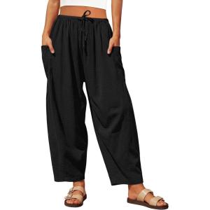 Caracilia Womens Wide Leg Pants 2026 Summer Palazzo Casual Loose Drawstring Lounge Flowy Beach Travel Vacation Harem Trousers(Black)