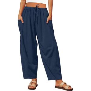 Caracilia Womens Wide Leg Pants 2026 Summer Palazzo Casual Loose Drawstring Lounge Flowy Beach Travel Vacation Harem Trousers(Navy Blue)