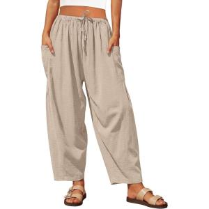 Caracilia Womens Wide Leg Pants 2026 Summer Palazzo Casual Loose Drawstring Lounge Flowy Beach Travel Vacation Harem Trousers(Parchment)