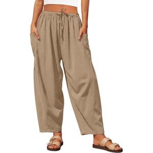 Caracilia Womens Wide Leg Pants 2026 Summer Palazzo Casual Loose Drawstring Lounge Flowy Beach Travel Vacation Harem Trousers(Yellow Khaki)