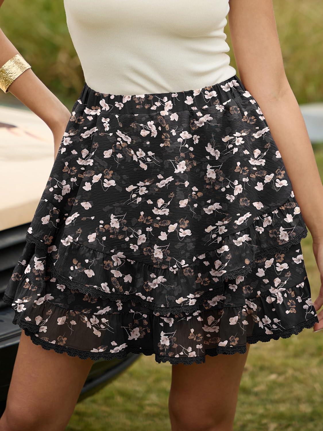 imageCaracilia Flowy Shorts for Women Summer Casual Boho Ruffle Tiered Mini Skirts with Shorts Underneath Tennis Golf SkortsBrown Pink Floral