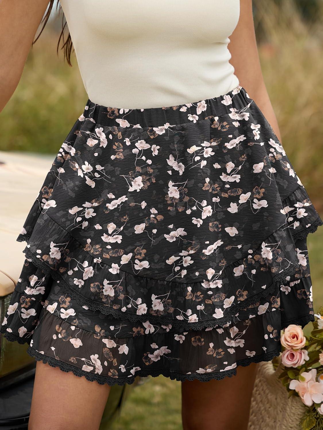imageCaracilia Flowy Shorts for Women Summer Casual Boho Ruffle Tiered Mini Skirts with Shorts Underneath Tennis Golf SkortsBrown Pink Floral