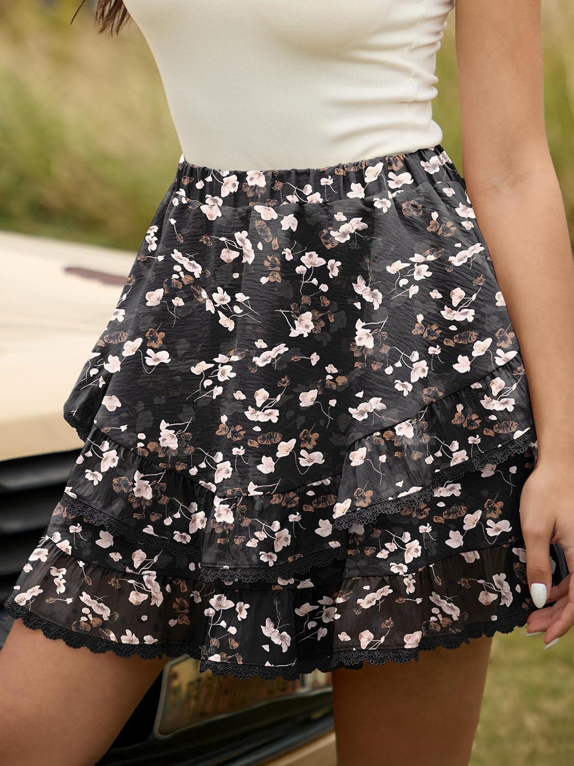 imageCaracilia Flowy Shorts for Women Summer Casual Boho Ruffle Tiered Mini Skirts with Shorts Underneath Tennis Golf SkortsBrown Pink Floral