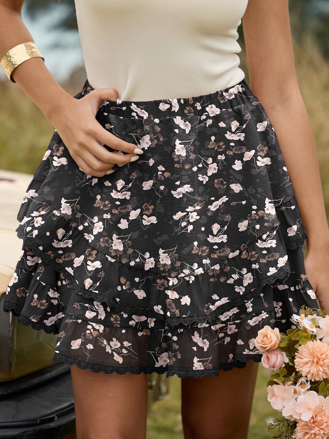 imageCaracilia Flowy Shorts for Women Summer Casual Boho Ruffle Tiered Mini Skirts with Shorts Underneath Tennis Golf SkortsBrown Pink Floral
