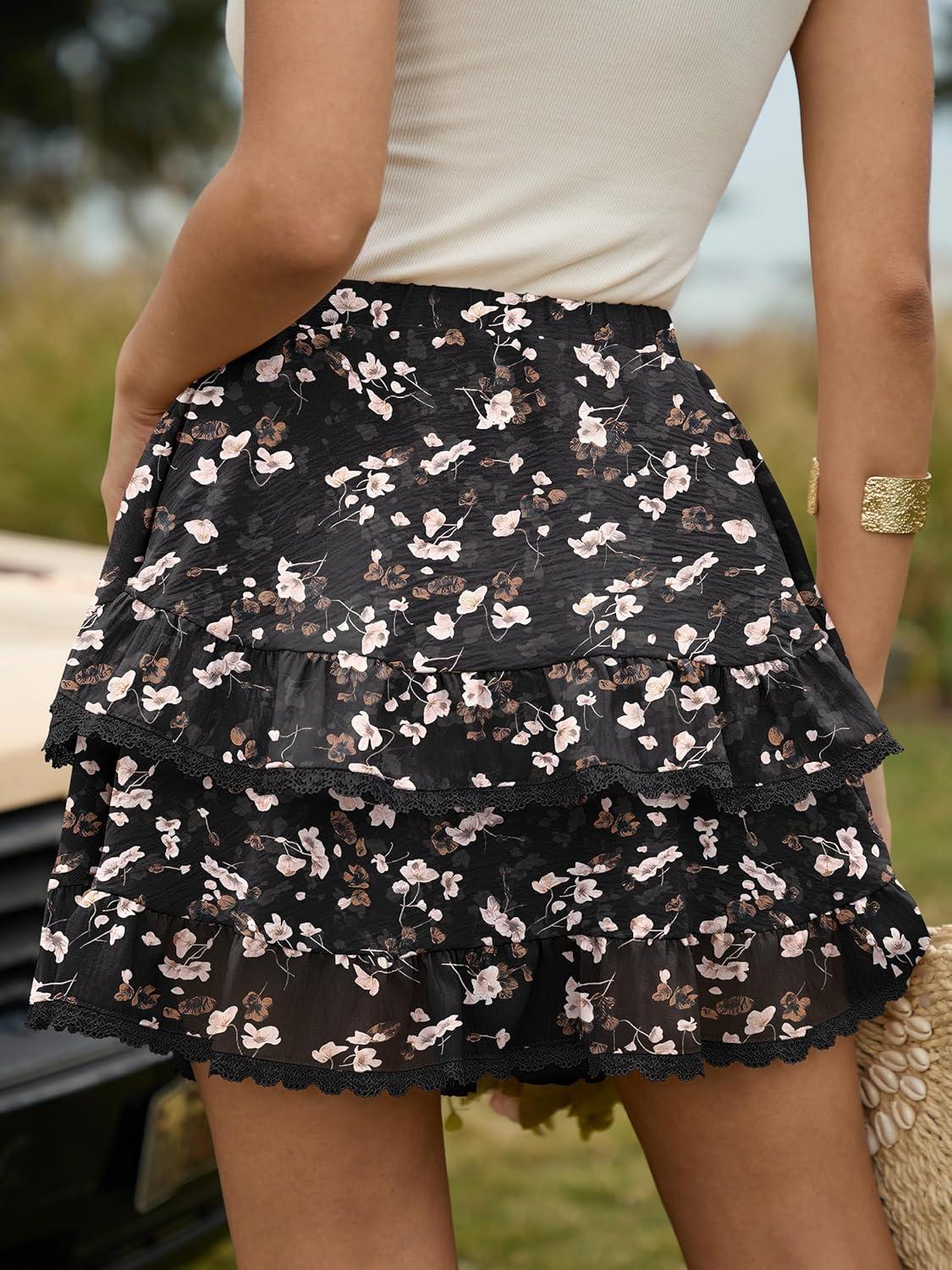 imageCaracilia Flowy Shorts for Women Summer Casual Boho Ruffle Tiered Mini Skirts with Shorts Underneath Tennis Golf SkortsBrown Pink Floral