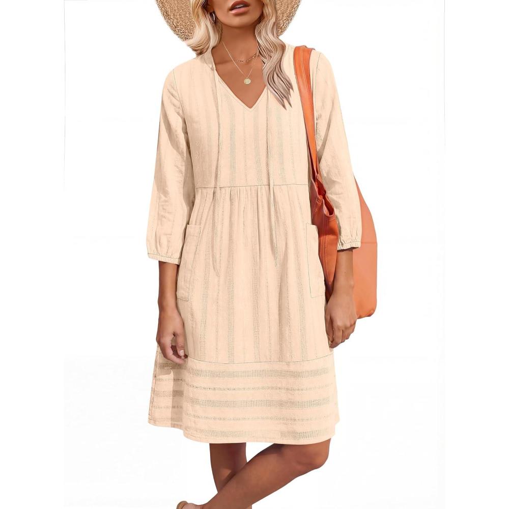 imageCaracilia Women Summer Casual Beach Vacation Short Dresses 34 Sleeve V Neck Floral Loose Fit Spring Resort Shift Tunic DressApricot