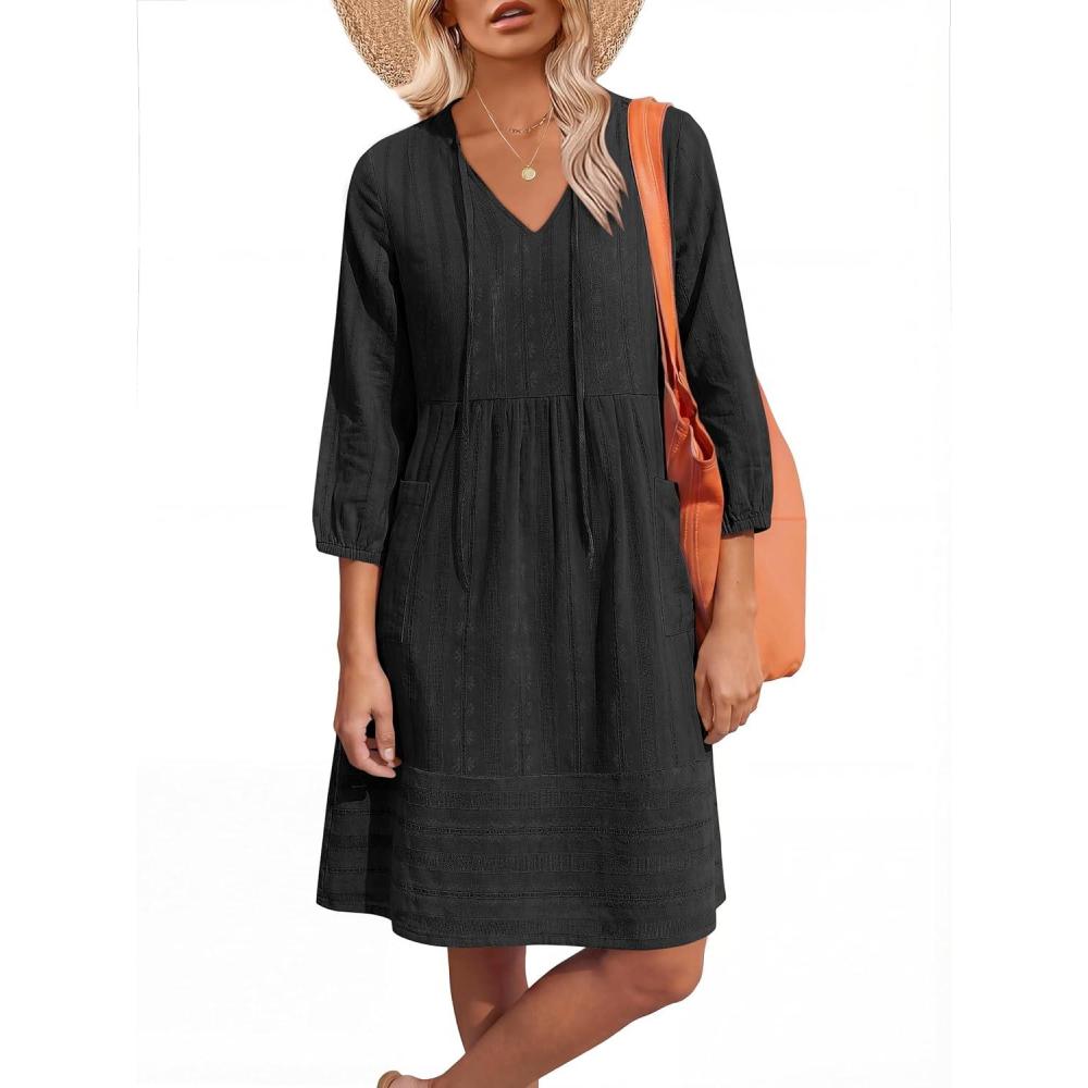 imageCaracilia Women Summer Casual Beach Vacation Short Dresses 34 Sleeve V Neck Floral Loose Fit Spring Resort Shift Tunic DressBlack