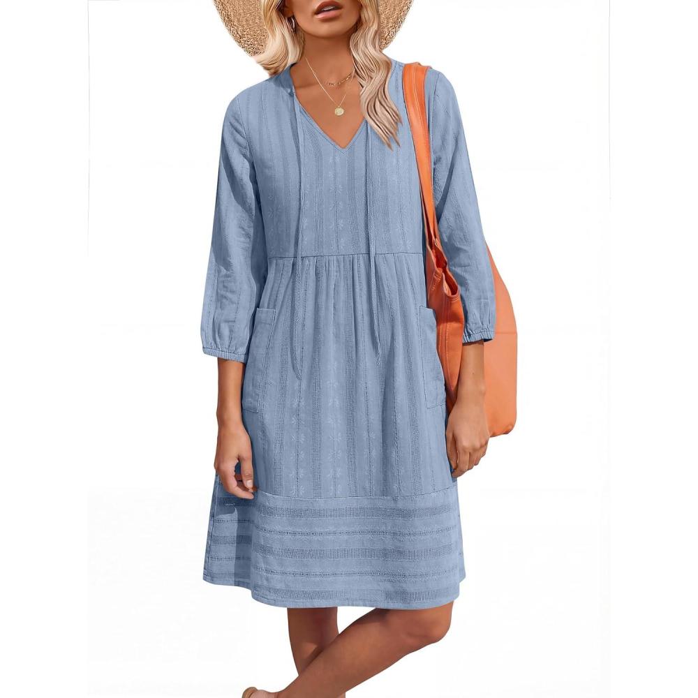 imageCaracilia Women Summer Casual Beach Vacation Short Dresses 34 Sleeve V Neck Floral Loose Fit Spring Resort Shift Tunic DressDusty Blue