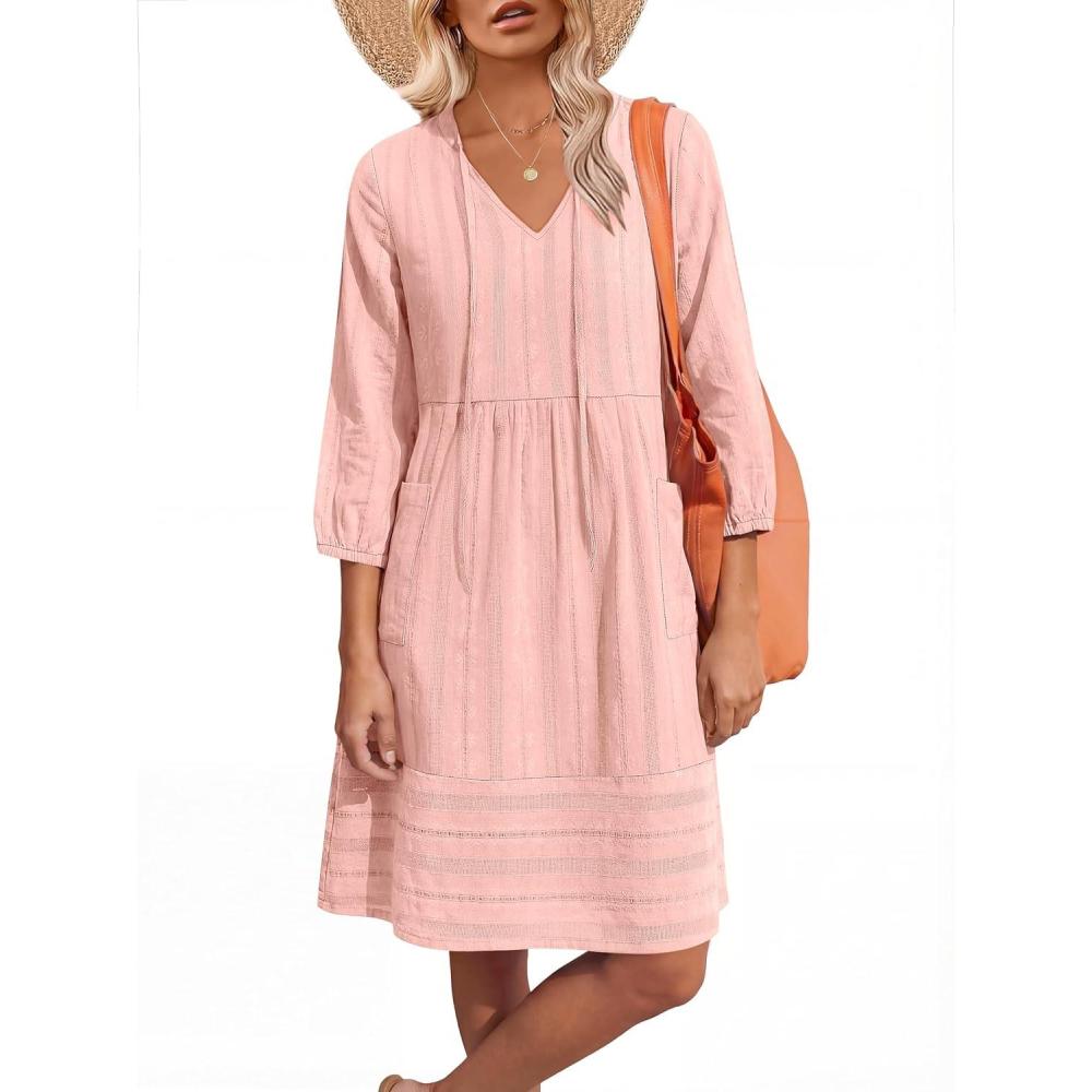 imageCaracilia Women Summer Casual Beach Vacation Short Dresses 34 Sleeve V Neck Floral Loose Fit Spring Resort Shift Tunic DressPink
