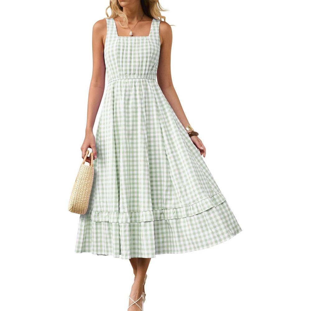 imageCaracilia Womens Summer Plaid Midi Dress Casual Sleeveless Square Neck A Line Flowy Beach Vacation Sundress with PocketsLight Green White Plaid