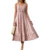imageCaracilia Womens Summer Plaid Midi Dress Casual Sleeveless Square Neck A Line Flowy Beach Vacation Sundress with PocketsBrown White Plaid