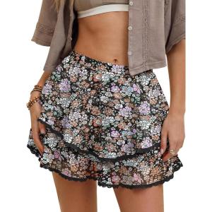 Caracilia Flowy Shorts for Women Summer Casual Boho Ruffle Tiered Mini Skirts with Shorts Underneath Tennis Golf Skorts(Black Beige Floral)