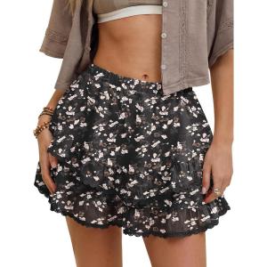 Caracilia Flowy Shorts for Women Summer Casual Boho Ruffle Tiered Mini Skirts with Shorts Underneath Tennis Golf Skorts(Brown Pink Floral)