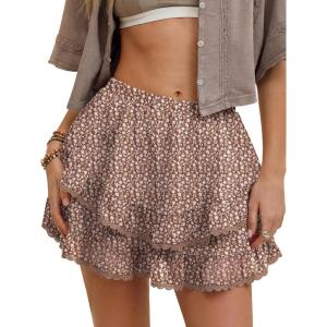 Caracilia Flowy Shorts for Women Summer Casual Boho Ruffle Tiered Mini Skirts with Shorts Underneath Tennis Golf Skorts(Brown White Floral)