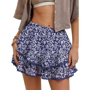 Caracilia Flowy Shorts for Women Summer Casual Boho Ruffle Tiered Mini Skirts with Shorts Underneath Tennis Golf Skorts(White Leaf)