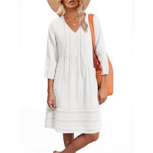 Caracilia Women Summer Casual Beach Vacation Short Dresses 3/4 Sleeve V Neck Floral Loose Fit Spring Resort Shift Tunic Dress(White)