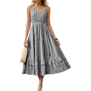 Caracilia Womens Summer Plaid Midi Dress Casual Sleeveless Square Neck A Line Flowy Beach Vacation Sundress with Pockets(Black White Plaid)