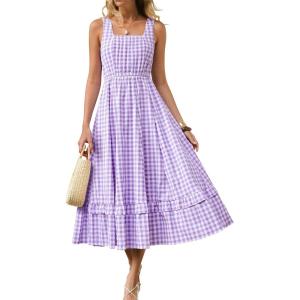 Caracilia Womens Summer Plaid Midi Dress Casual Sleeveless Square Neck A Line Flowy Beach Vacation Sundress with Pockets(Purple White Plaid)