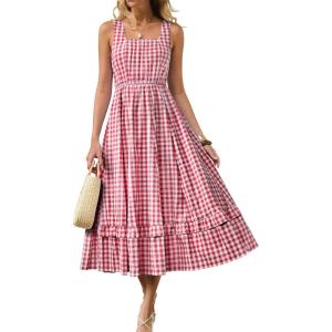 Caracilia Womens Summer Plaid Midi Dress Casual Sleeveless Square Neck A Line Flowy Beach Vacation Sundress with Pockets(Red White Plaid)