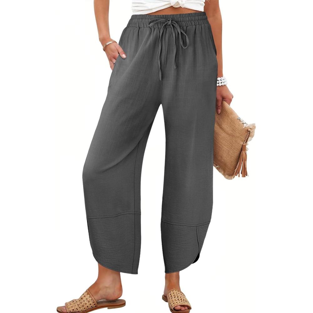 imageCaracilia Womens Wide Leg Capri Palazzo Pants Drawstring Casual Lounge Flowy Summer Beach Vacation Crop Trousers with PocketsDark Grey
