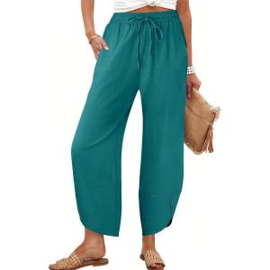 Caracilia Womens Wide Leg Capri Palazzo Pants Drawstring Casual Lounge Flowy Summer Beach Vacation Crop Trousers with Pockets(Lake)