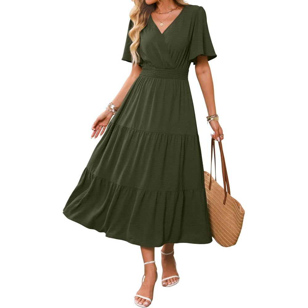 imageCaracilia Womens Summer Midi Dresses Casual A Line Wrap V Neck Short Sleeve Flowy Tiered Party Vacation Dress with PocketsArmy Green