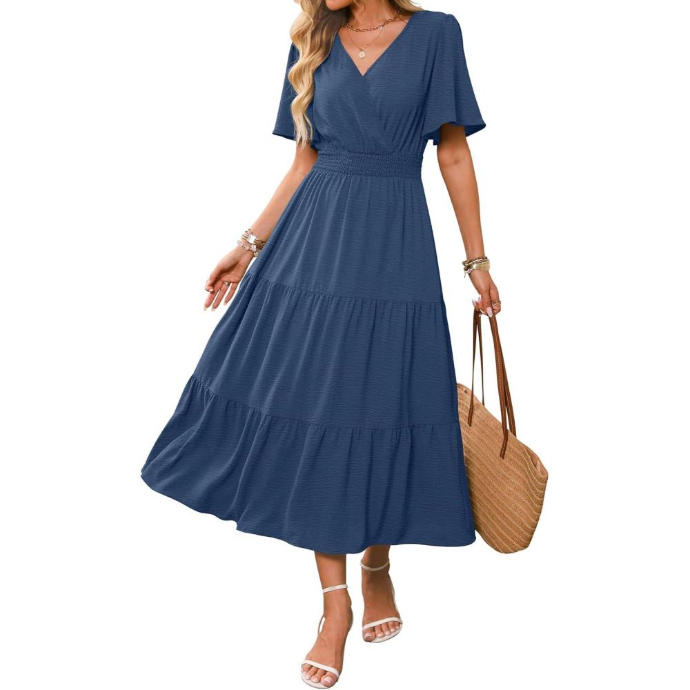 imageCaracilia Womens Summer Midi Dresses Casual A Line Wrap V Neck Short Sleeve Flowy Tiered Party Vacation Dress with PocketsDeep Blue