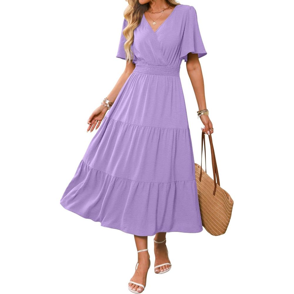 imageCaracilia Womens Summer Midi Dresses Casual A Line Wrap V Neck Short Sleeve Flowy Tiered Party Vacation Dress with PocketsLight Purple