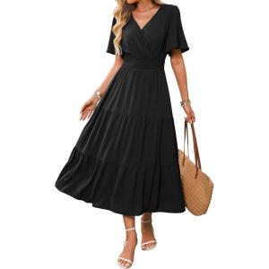 Caracilia Womens Summer Midi Dresses Casual A Line Wrap V Neck Short Sleeve Flowy Tiered Party Vacation Dress with Pockets(Black)