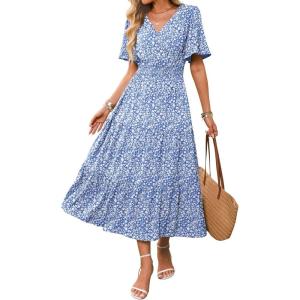 Caracilia Womens Summer Midi Dresses Casual A Line Wrap V Neck Short Sleeve Flowy Tiered Party Vacation Dress with Pockets(Blue White Floral)