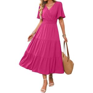Caracilia Womens Summer Midi Dresses Casual A Line Wrap V Neck Short Sleeve Flowy Tiered Party Vacation Dress with Pockets(Hot Pink)