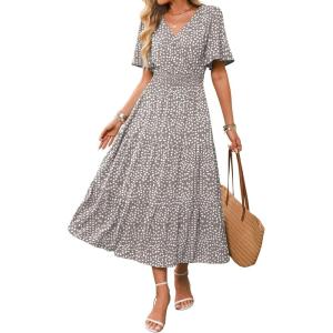 Caracilia Womens Summer Midi Dresses Casual A Line Wrap V Neck Short Sleeve Flowy Tiered Party Vacation Dress with Pockets(Khaki Polka Dot)