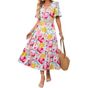 Caracilia Womens Summer Midi Dresses Casual A Line Wrap V Neck Short Sleeve Flowy Tiered Party Vacation Dress with Pockets(Orange Pink Floral)