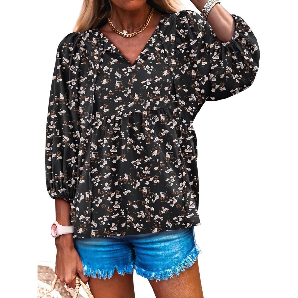 imageCaracilia Womens 34 Sleeve Blouse V Neck Boho Dress Tops Flowy Casual Dressy Shirts Beach Vacation Clothes Spring OutfitsBlack Floral