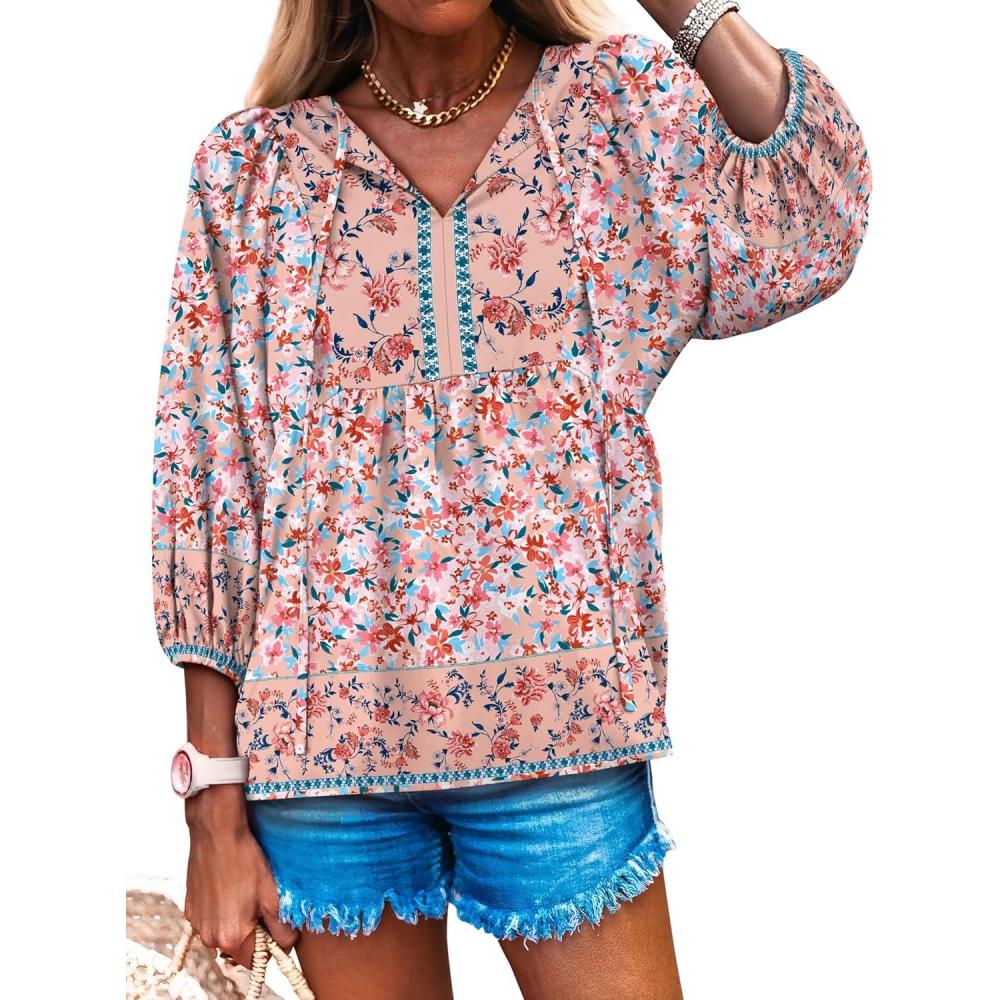 imageCaracilia Womens 34 Sleeve Blouse V Neck Boho Dress Tops Flowy Casual Dressy Shirts Beach Vacation Clothes Spring OutfitsBlue Pink Floral