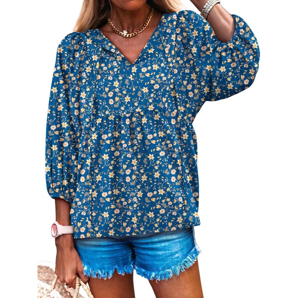 imageCaracilia Womens 34 Sleeve Blouse V Neck Boho Dress Tops Flowy Casual Dressy Shirts Beach Vacation Clothes Spring OutfitsBlue Yellow Floral