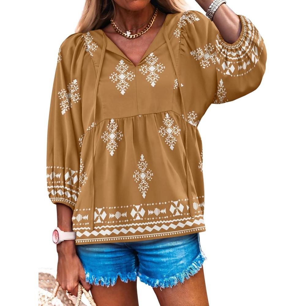 imageCaracilia Womens 34 Sleeve Blouse V Neck Boho Dress Tops Flowy Casual Dressy Shirts Beach Vacation Clothes Spring OutfitsBrown White Floral