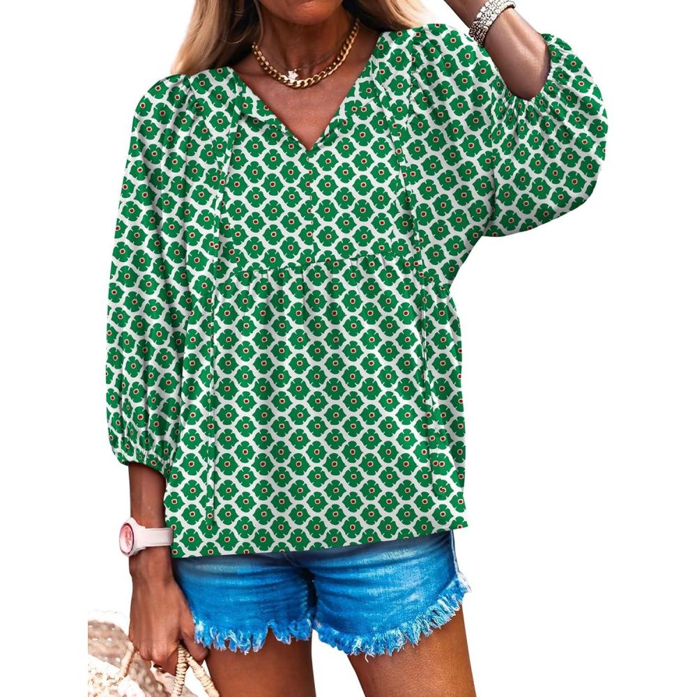 imageCaracilia Womens 34 Sleeve Blouse V Neck Boho Dress Tops Flowy Casual Dressy Shirts Beach Vacation Clothes Spring OutfitsGreen Floral