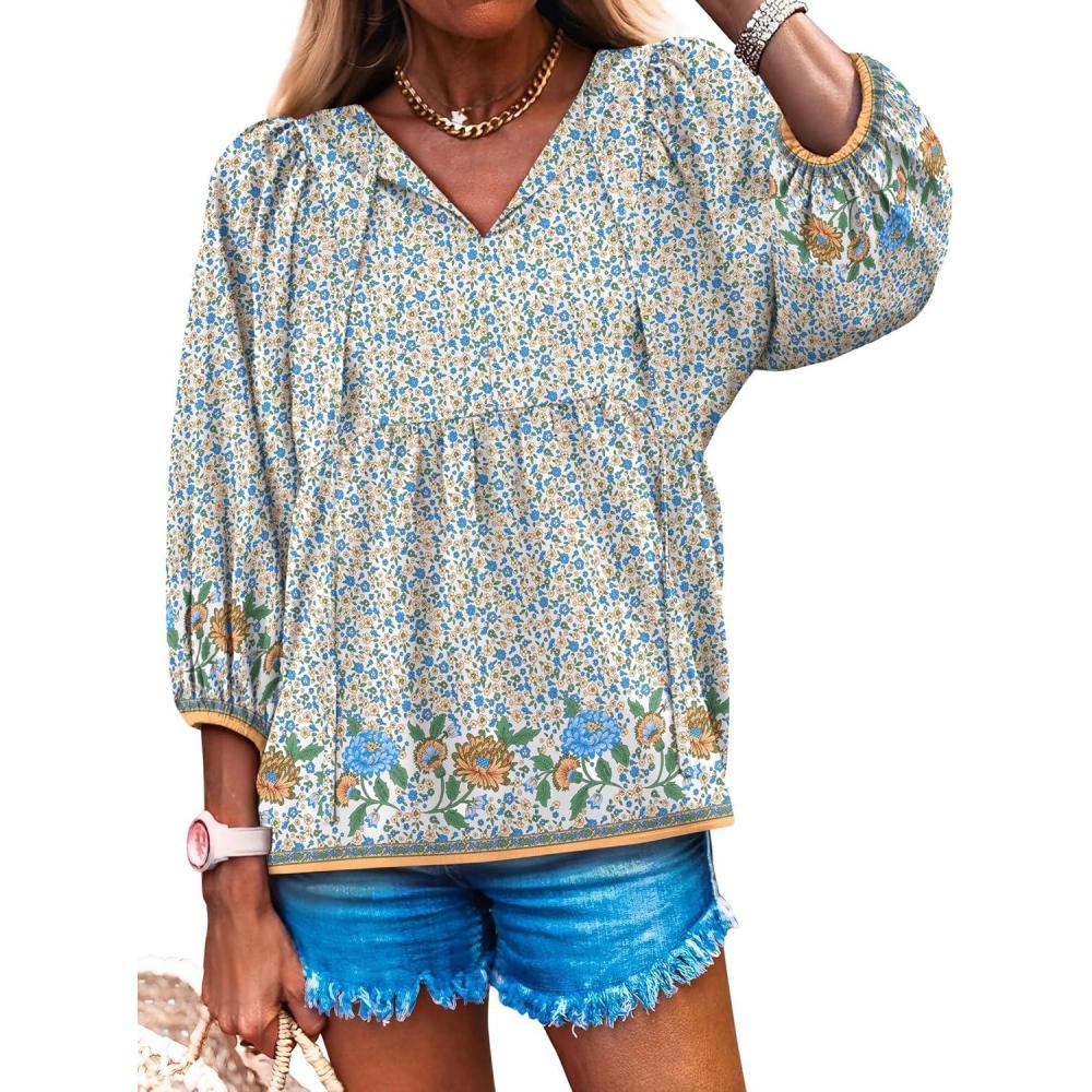 imageCaracilia Womens 34 Sleeve Blouse V Neck Boho Dress Tops Flowy Casual Dressy Shirts Beach Vacation Clothes Spring OutfitsLight Blue Yellow Floral