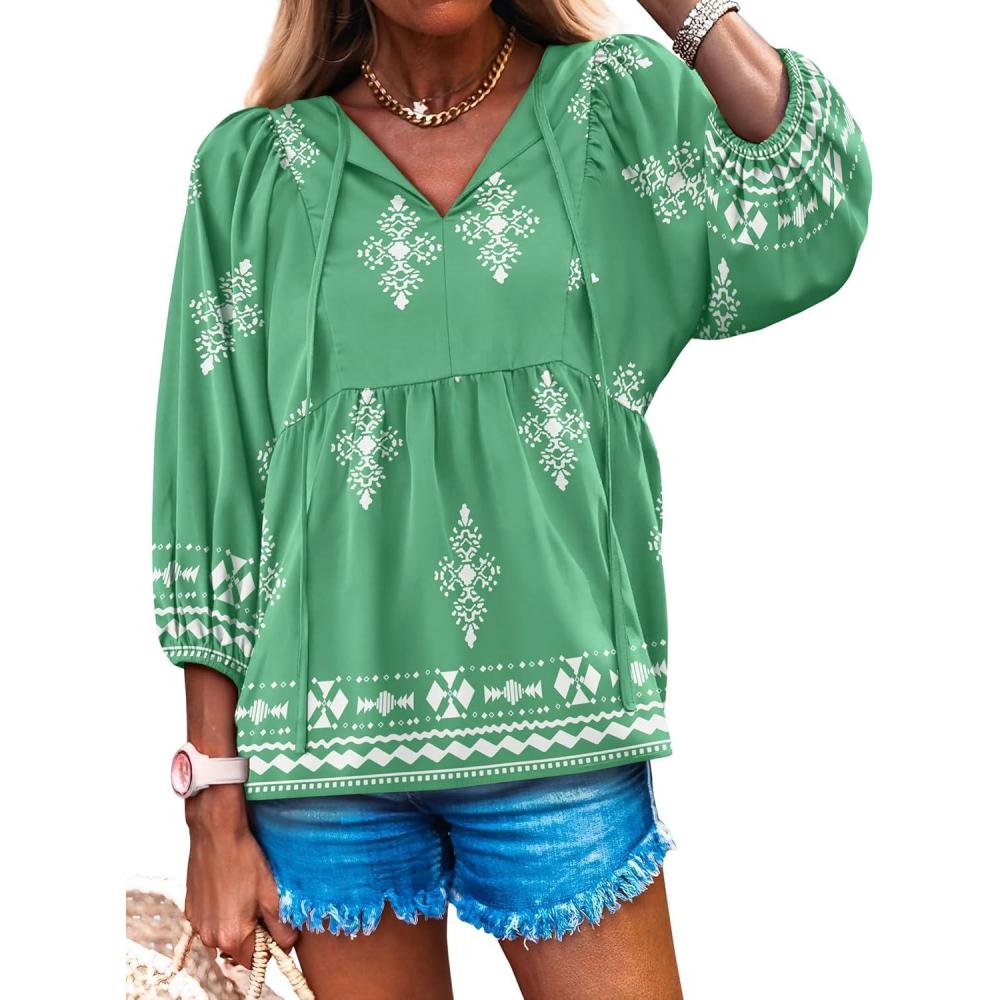 imageCaracilia Womens 34 Sleeve Blouse V Neck Boho Dress Tops Flowy Casual Dressy Shirts Beach Vacation Clothes Spring OutfitsLight Green White Floral