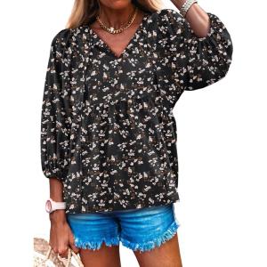 Caracilia Womens 3/4 Sleeve Blouse V Neck Boho Dress Tops Flowy Casual Dressy Shirts Beach Vacation Clothes Spring Outfits(Black Floral)