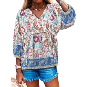 Caracilia Womens 3/4 Sleeve Blouse V Neck Boho Dress Tops Flowy Casual Dressy Shirts Beach Vacation Clothes Spring Outfits(Blue Purple Floral)