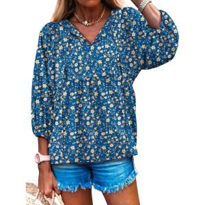 Caracilia Womens 3/4 Sleeve Blouse V Neck Boho Dress Tops Flowy Casual Dressy Shirts Beach Vacation Clothes Spring Outfits(Blue Yellow Floral)