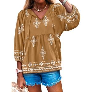 Caracilia Womens 3/4 Sleeve Blouse V Neck Boho Dress Tops Flowy Casual Dressy Shirts Beach Vacation Clothes Spring Outfits(Brown White Floral)