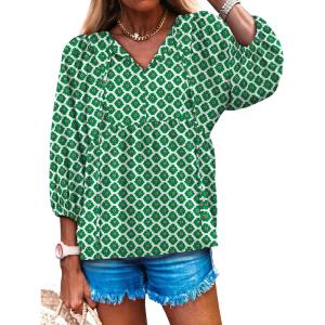 Caracilia Womens 3/4 Sleeve Blouse V Neck Boho Dress Tops Flowy Casual Dressy Shirts Beach Vacation Clothes Spring Outfits(Green Floral)
