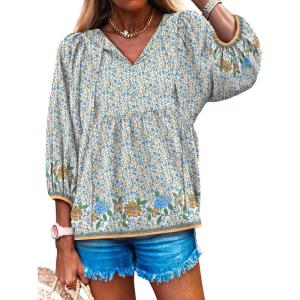 Caracilia Womens 3/4 Sleeve Blouse V Neck Boho Dress Tops Flowy Casual Dressy Shirts Beach Vacation Clothes Spring Outfits(Light Blue Yellow Floral)