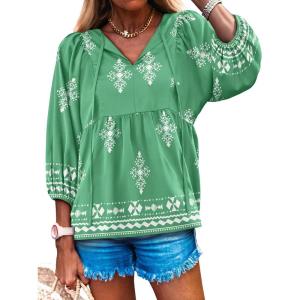 Caracilia Womens 3/4 Sleeve Blouse V Neck Boho Dress Tops Flowy Casual Dressy Shirts Beach Vacation Clothes Spring Outfits(Light Green White Floral)