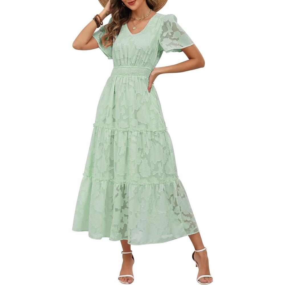 imageCaracilia Womens 2026 Spring Wedding Guest Maxi Dress Summer Boho Floral Short Sleeve V Neck Beach Vacation Tea Party DressesLight Green