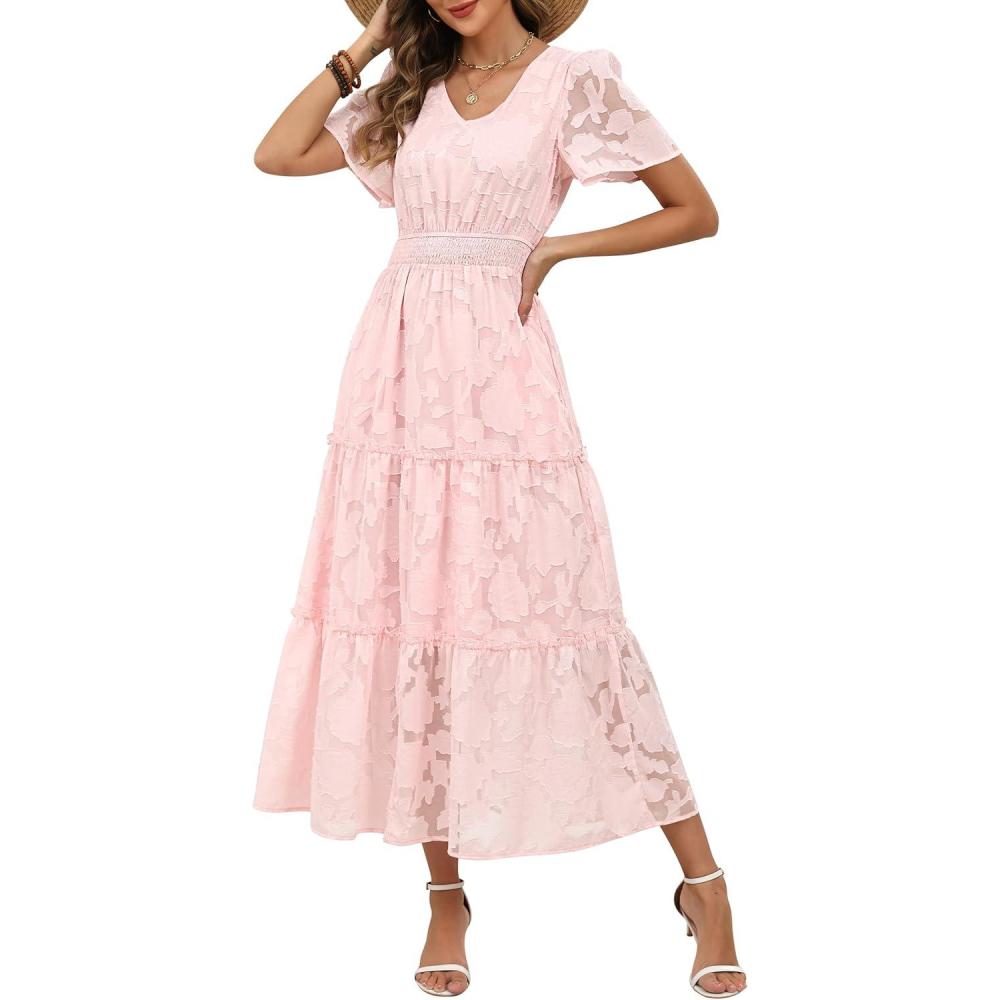 imageCaracilia Womens 2026 Spring Wedding Guest Maxi Dress Summer Boho Floral Short Sleeve V Neck Beach Vacation Tea Party DressesPink
